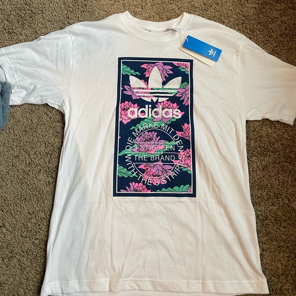 New Adidas Floral Box Logo T Shirt